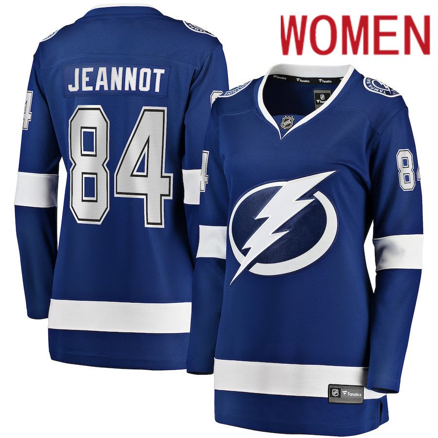 Women Tampa Bay Lightning 84 Tanner Jeannot Fanatics Branded Blue Home Breakaway NHL Jersey